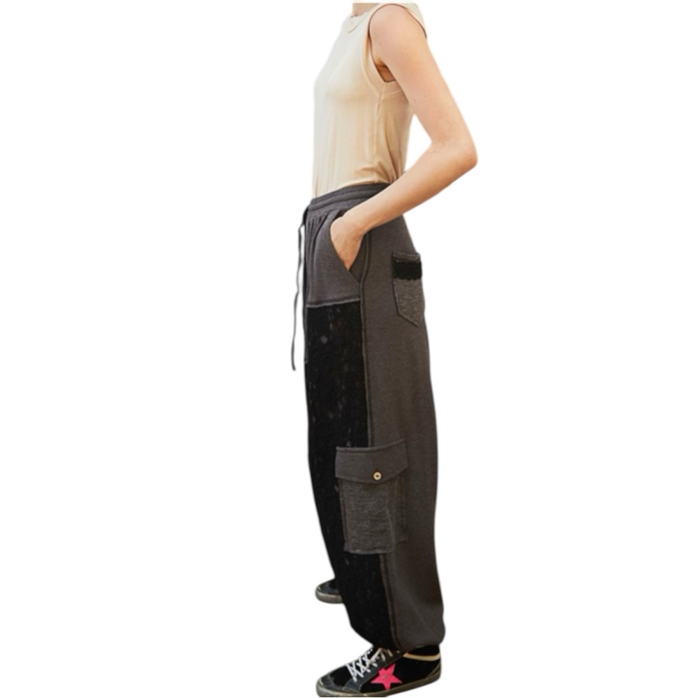 POL / Thermal Crochet Mix Pants / Boho Patchwork Joggers - Picture 2 of 4